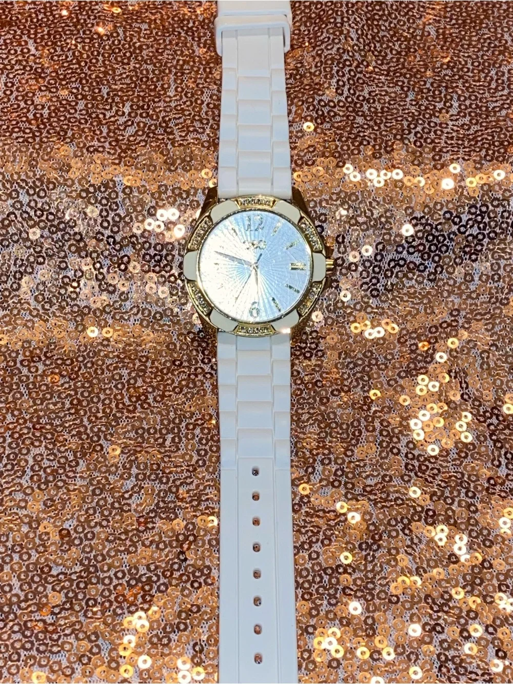 Guess G by Guess White & Gold Crystal Accent Watch | Silicone Strap | Fresh Luxe